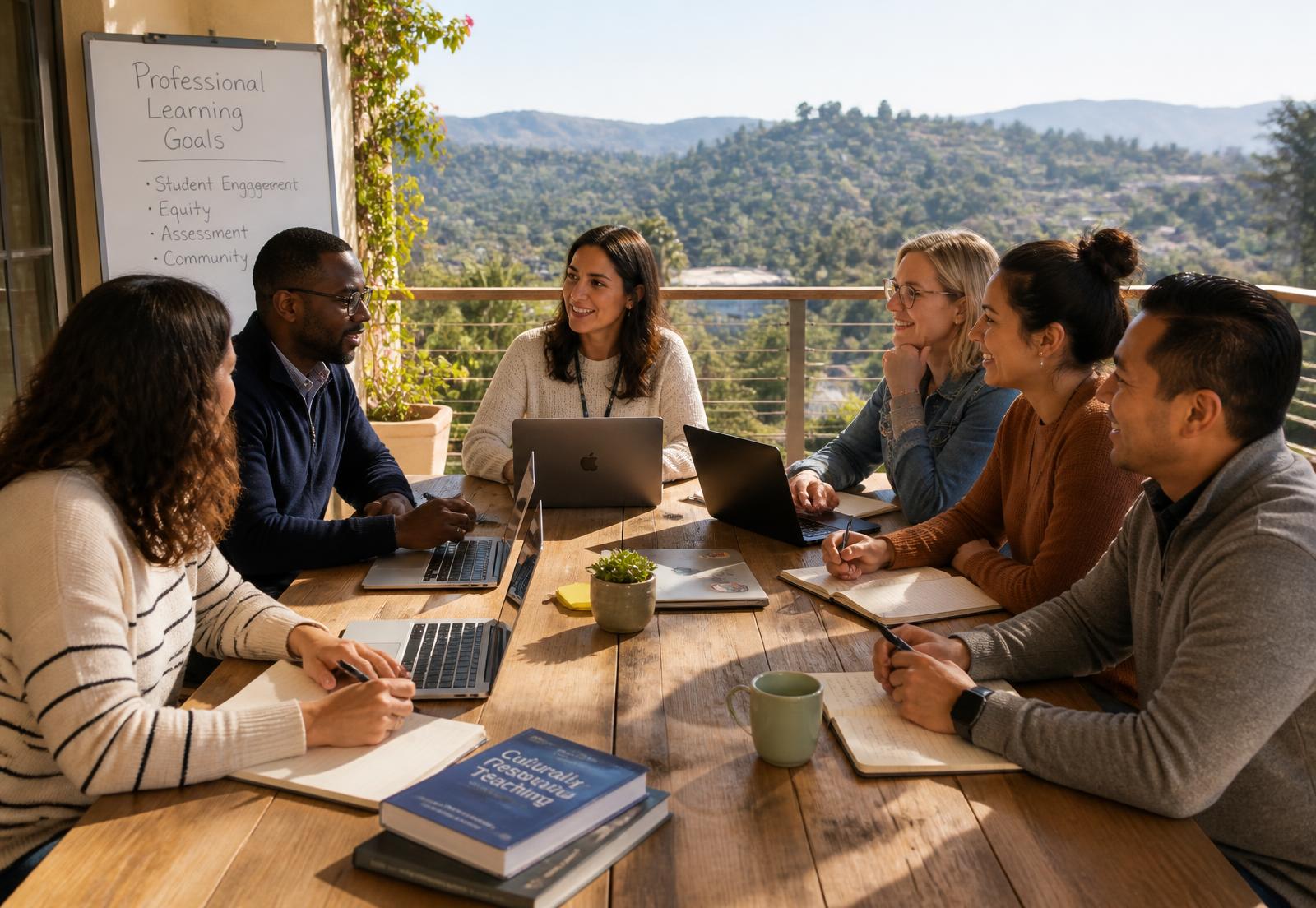 Educators collaborating around a table on a terrace overlooking California hills